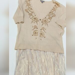 Ann Taylor Button Front Tan Silk Rayon Blend Embellished Cardigan- Women's Med